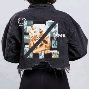 Trio Urban Not In The mood Distressed Trashy Crop Denim Jacket M/L Black NWOT